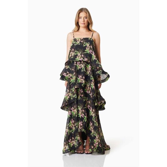 Elliatt Ula Tiered Maxi Dress Black Vacation Brunch wedding Guest Sz XS NWT - Picture 1 of 8